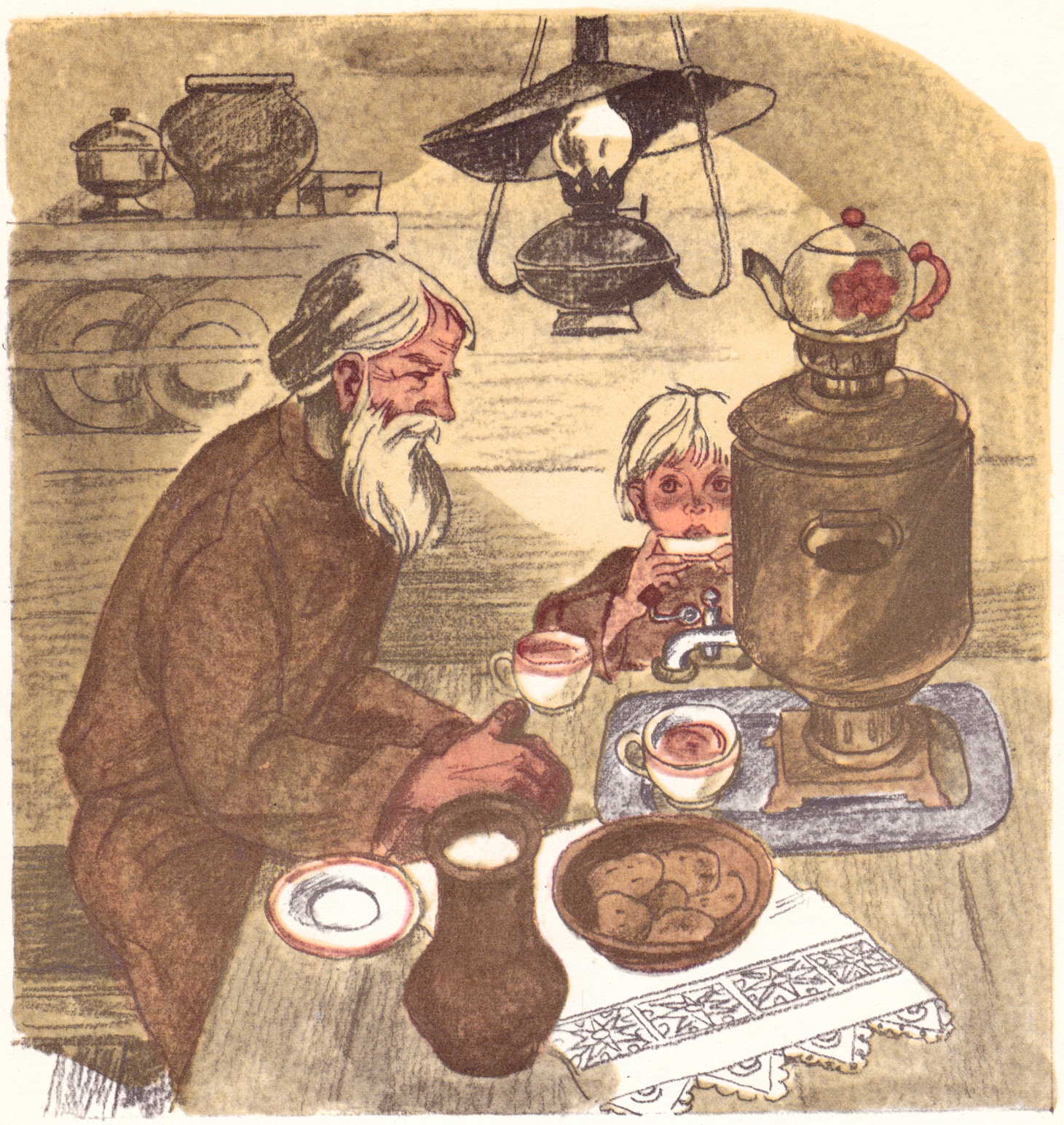 Дед с внуком чай пьют