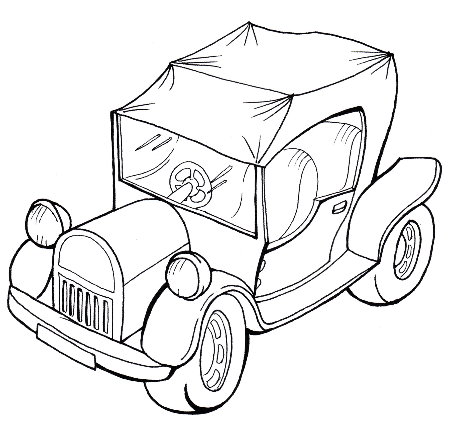 Винтажный автомобиль кабриолет без крыши эскиз книжка-раскраска черно-белый рисунок монохромный