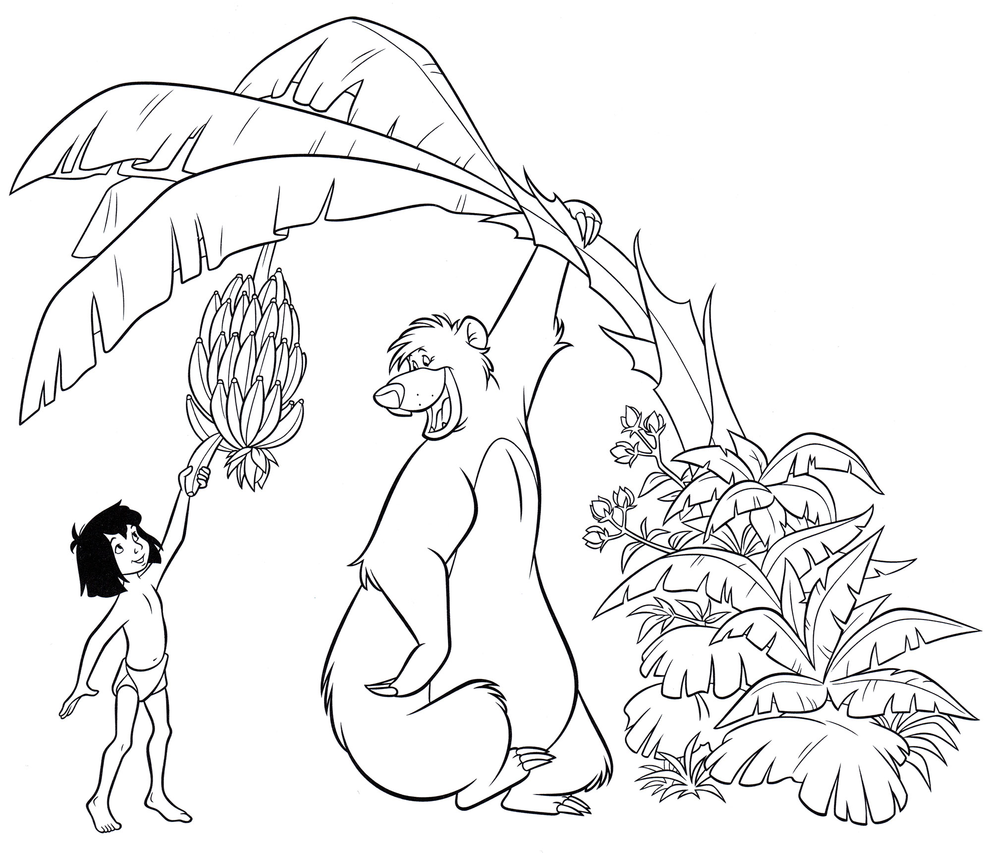 Раскраска Маугли и Балу собирают бананы