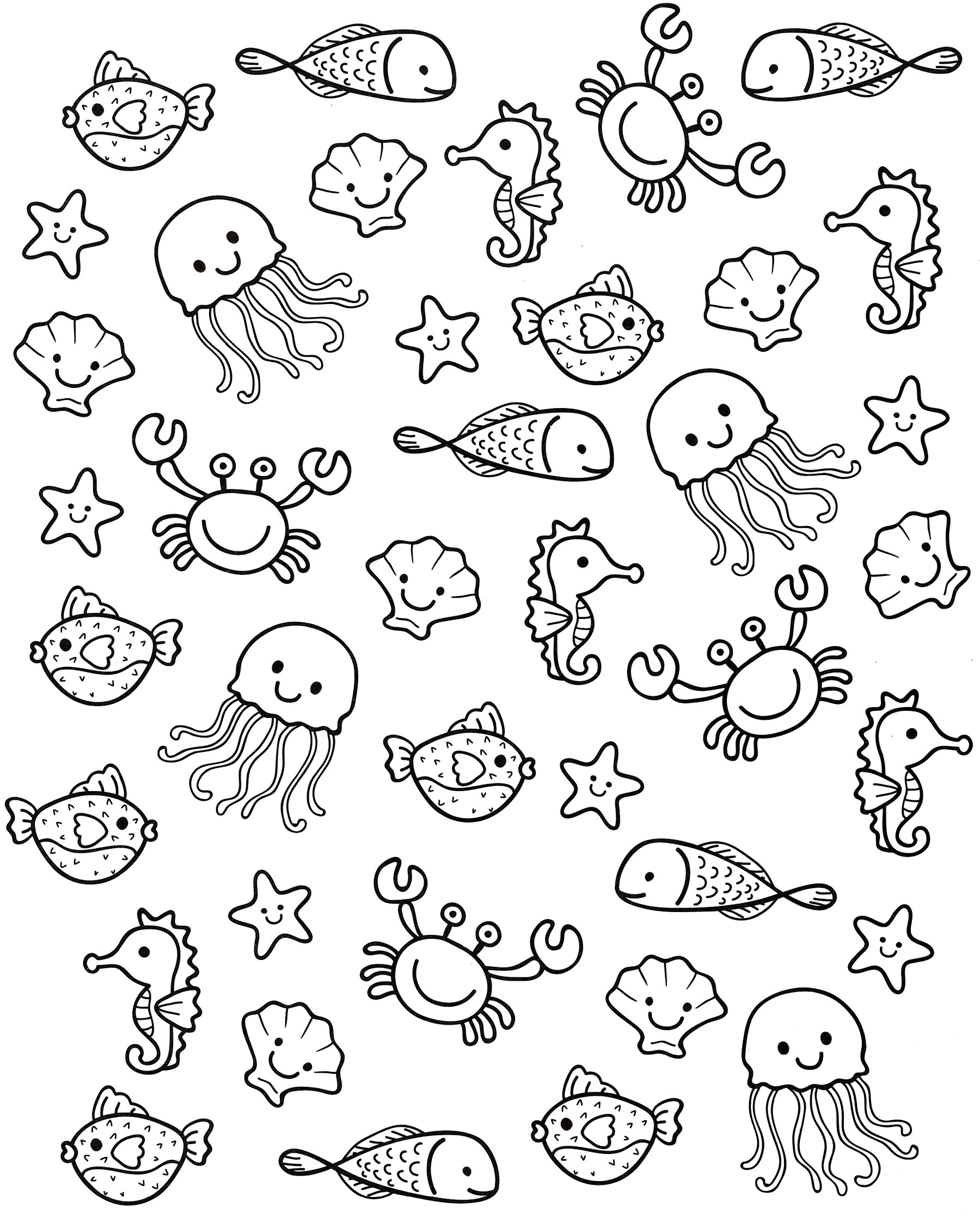 Раскраска Рыбки, медузы и крабики