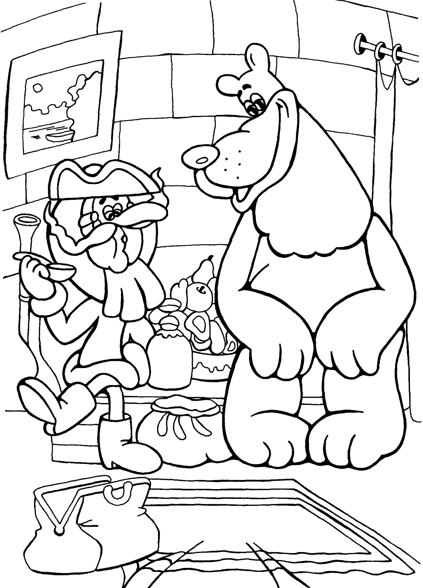 Раскраска Мюнхаузен сидит с медведем