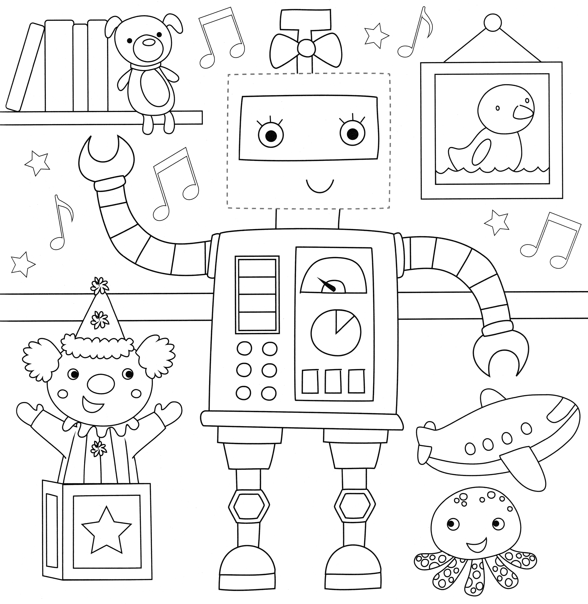 Раскраска Робот с детскими игрушками
