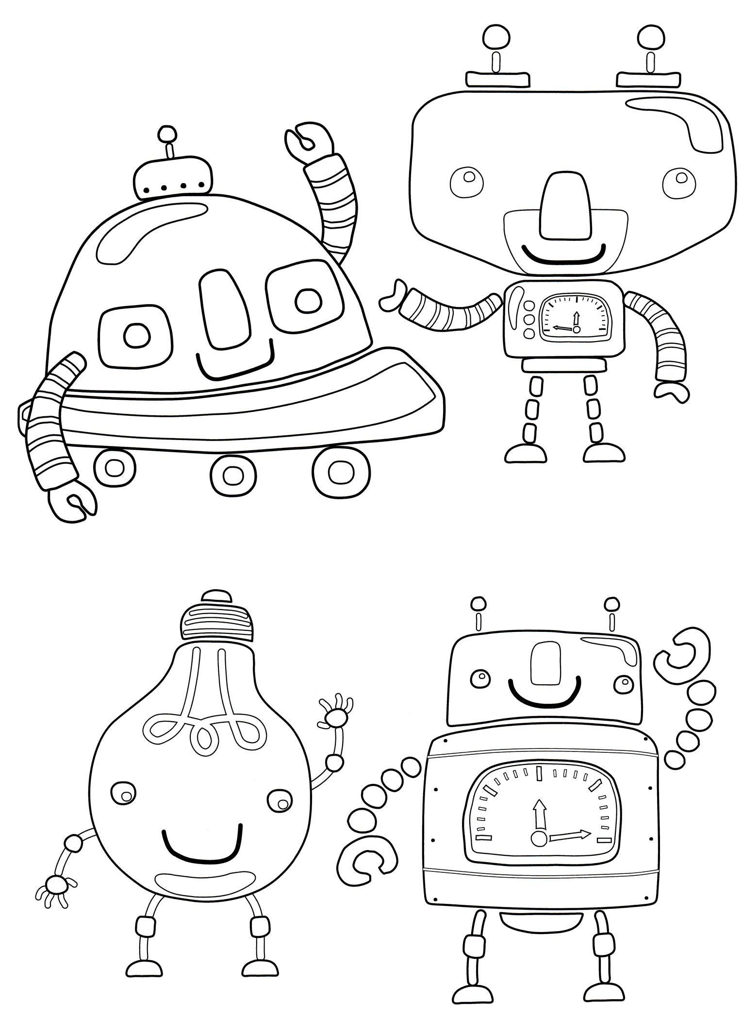 Раскраска Компания приветливых роботов