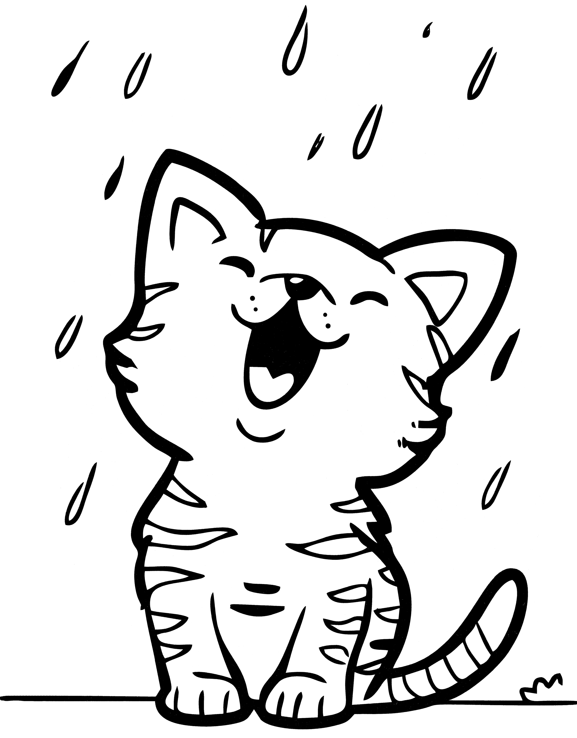 Раскраска Котик радуется дождю