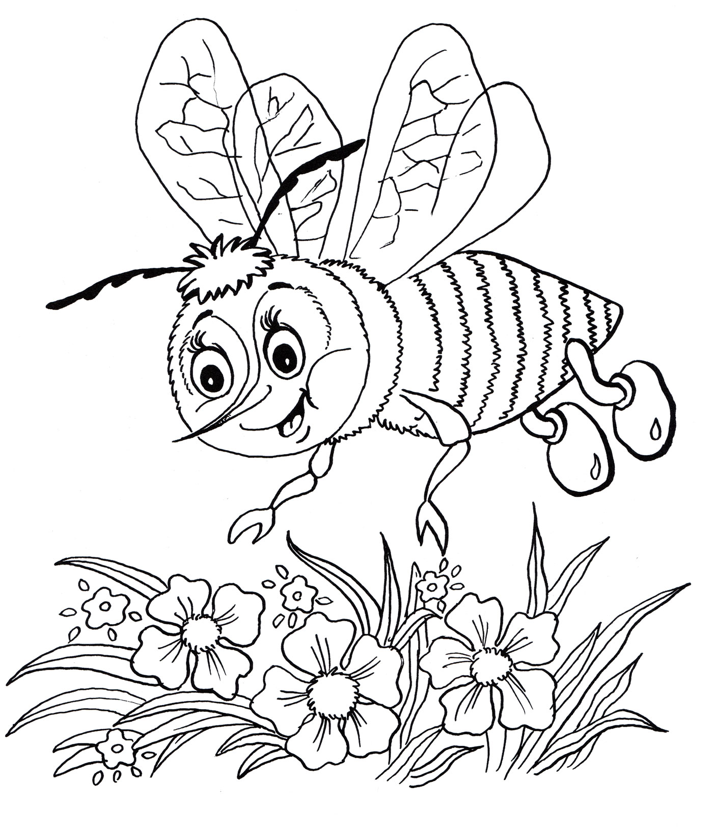 Раскраска Пчелка летит над цветами