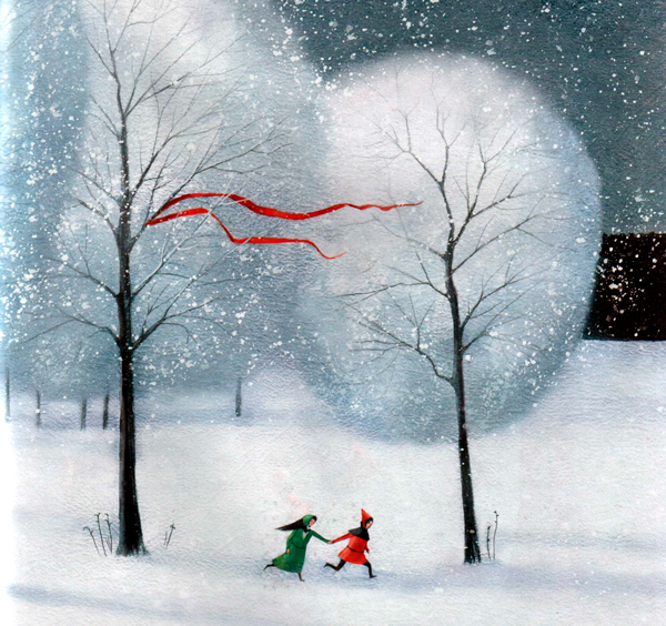 Дети бегут в снегу