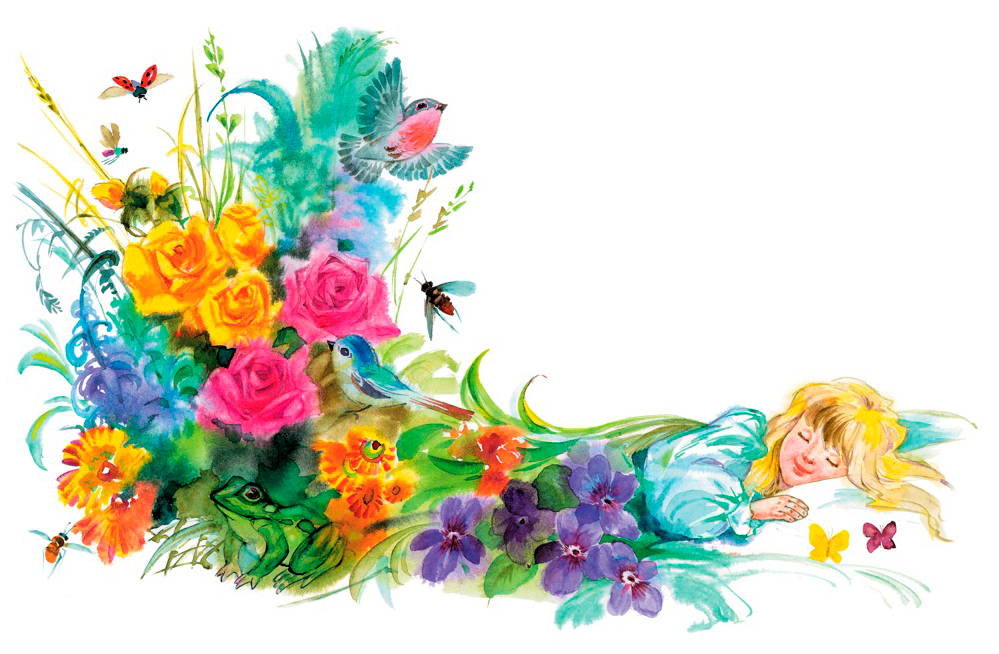 Девочка спит среди цветов