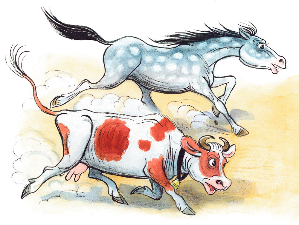 Конь бежит рядом с коровой