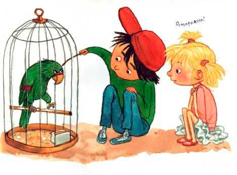 Юхан играет с попугаем в клетке