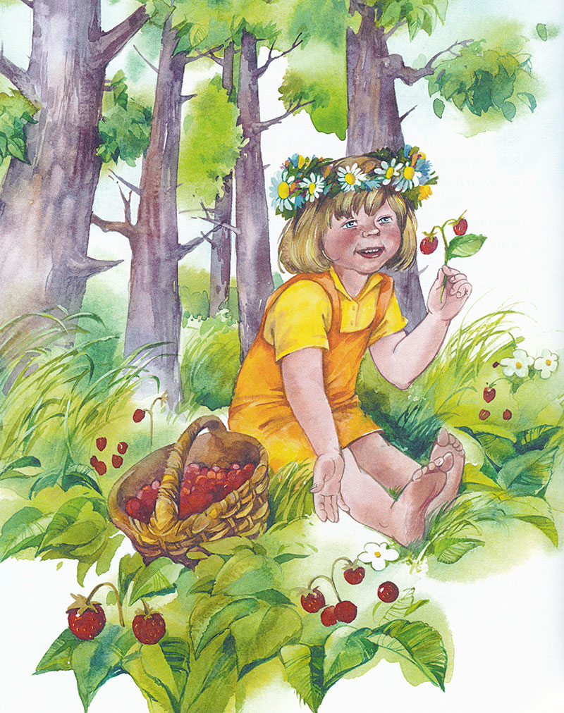 Девочка кушает землянику