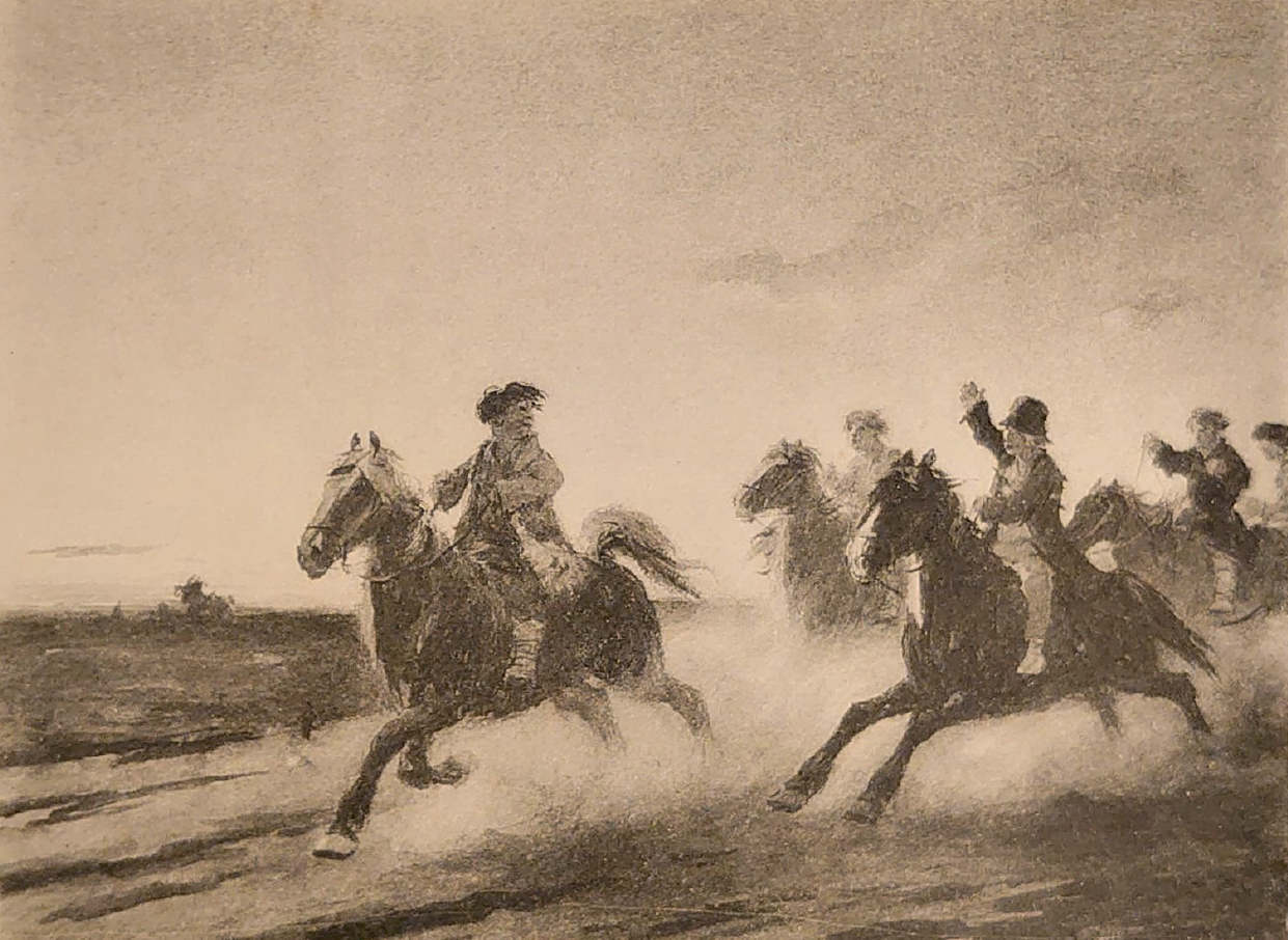 Сидя без шапок и в старых полушубках на самых бойких клячонках