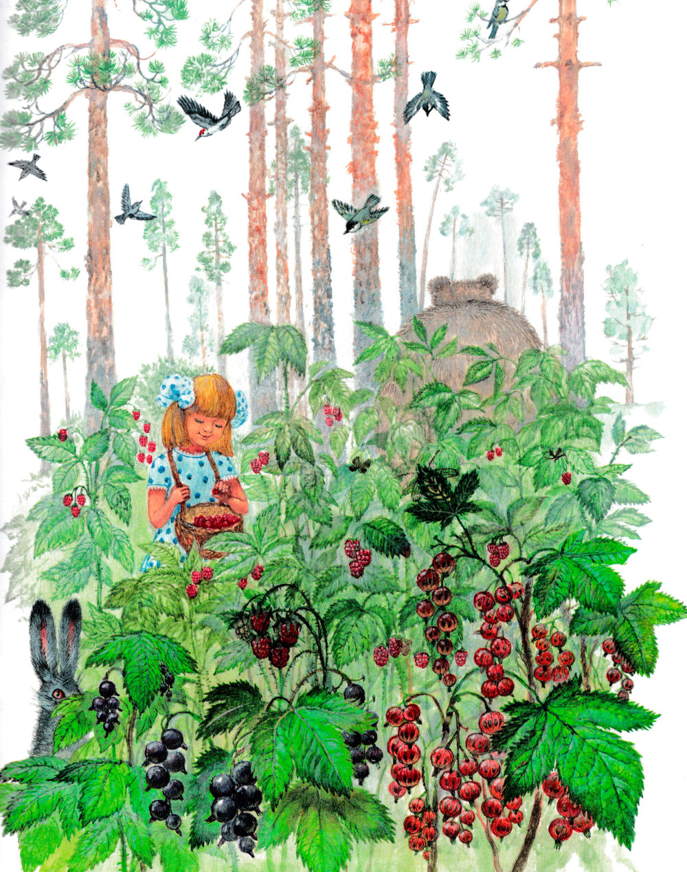 Девочка собирает ягоды в лесу