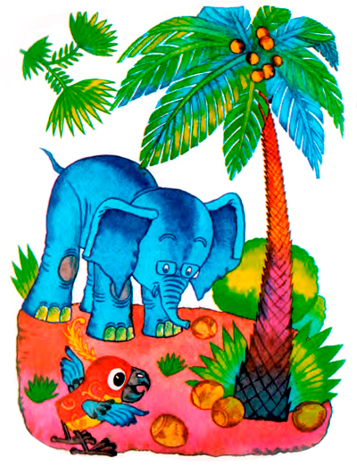 Слоненок и попугай рядом с пальмой