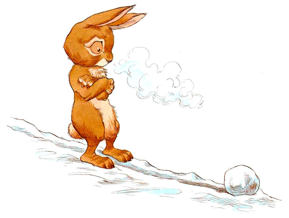 Кролик смотрит на снежок
