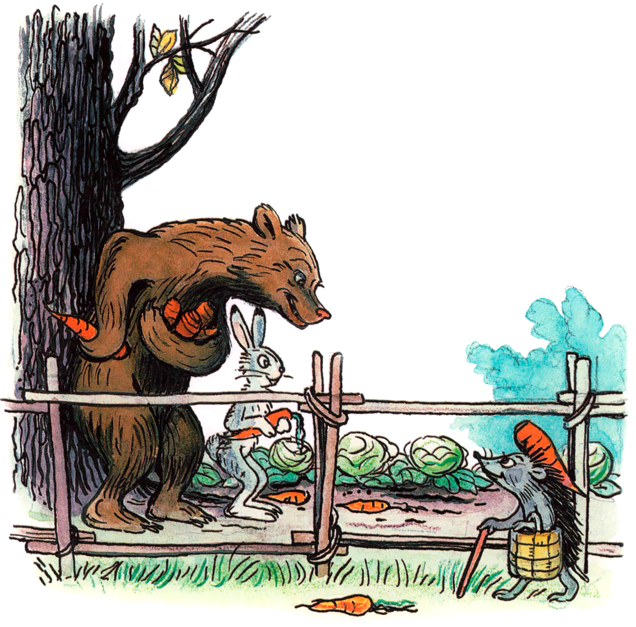 Ежик разговаривает с зайцем и медведем