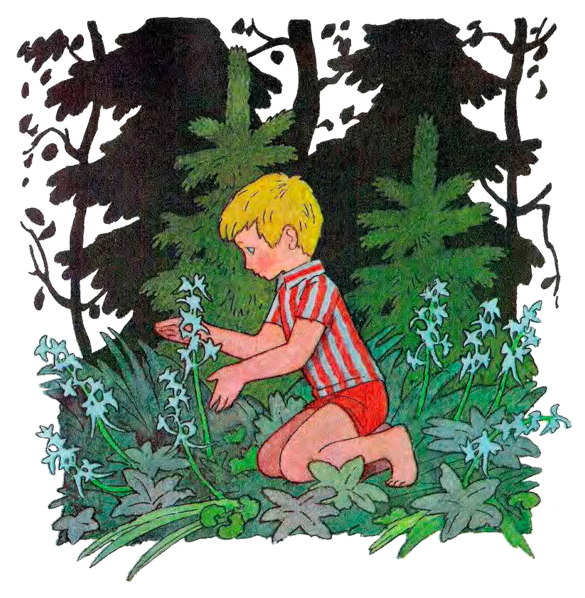 Мальчик в лесу с цветочком
