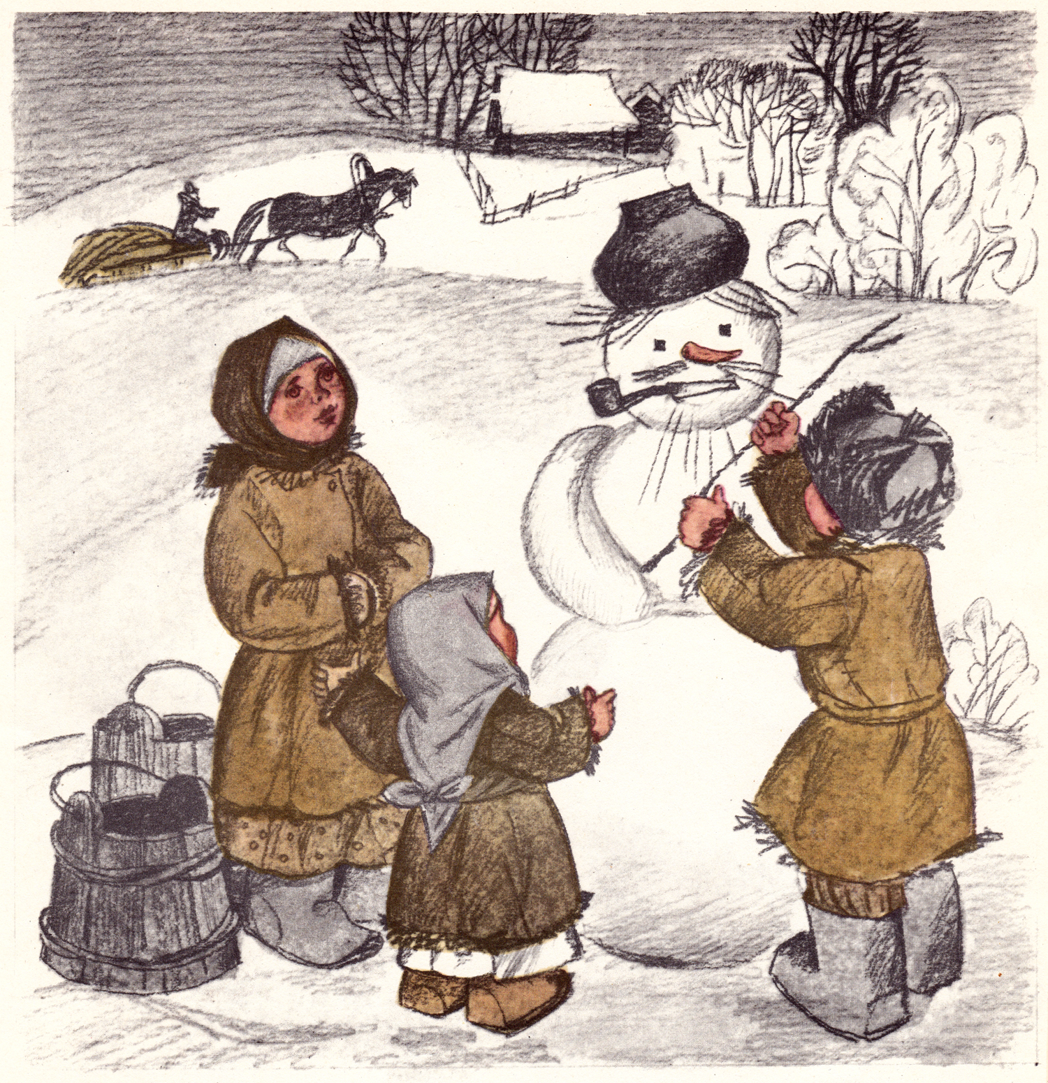 Дети и снеговик