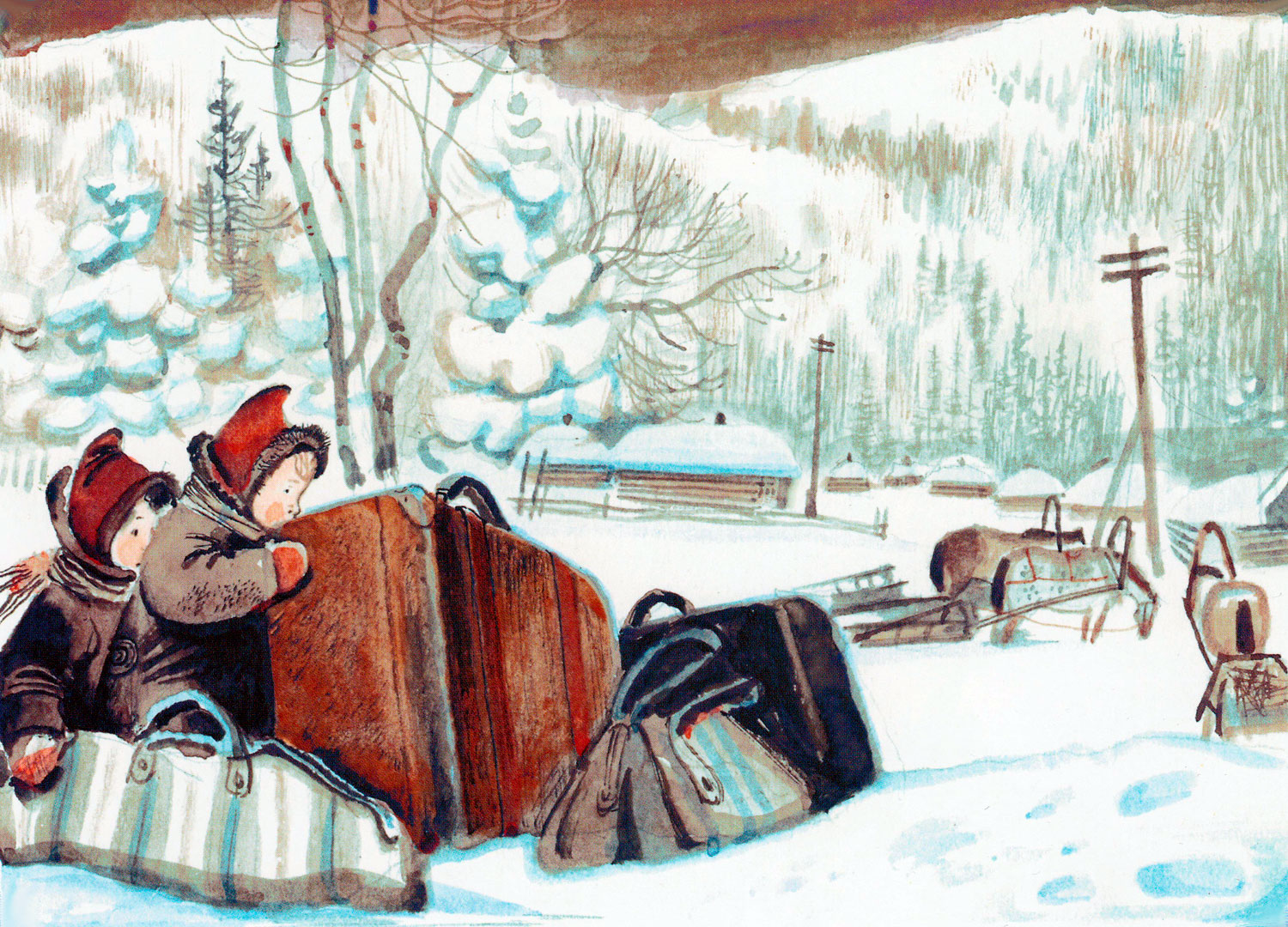 Чук и Гек с чемоданами на снегу