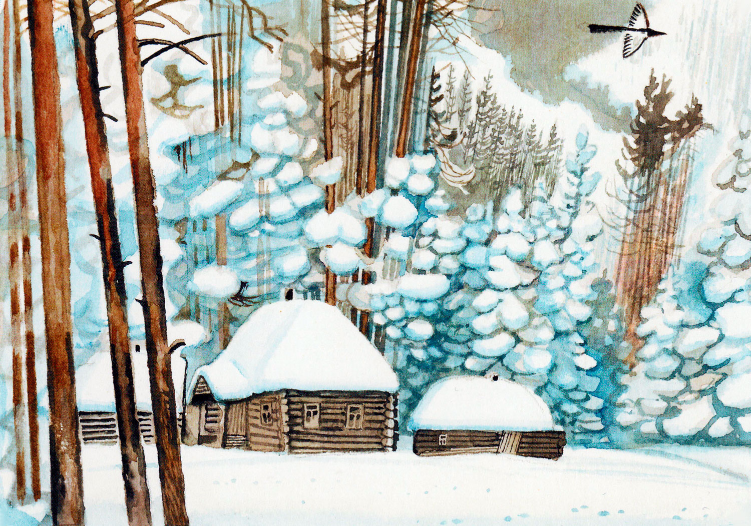 Дома в лесу под снегом