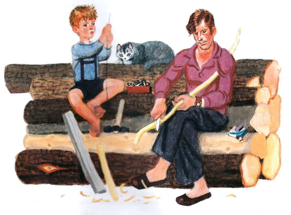 Отец и сын делают лук