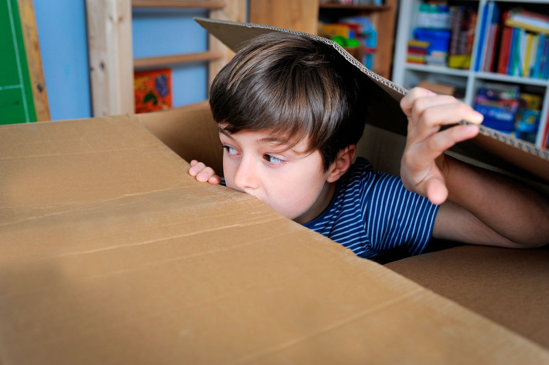 Мальчик спрятался в коробке