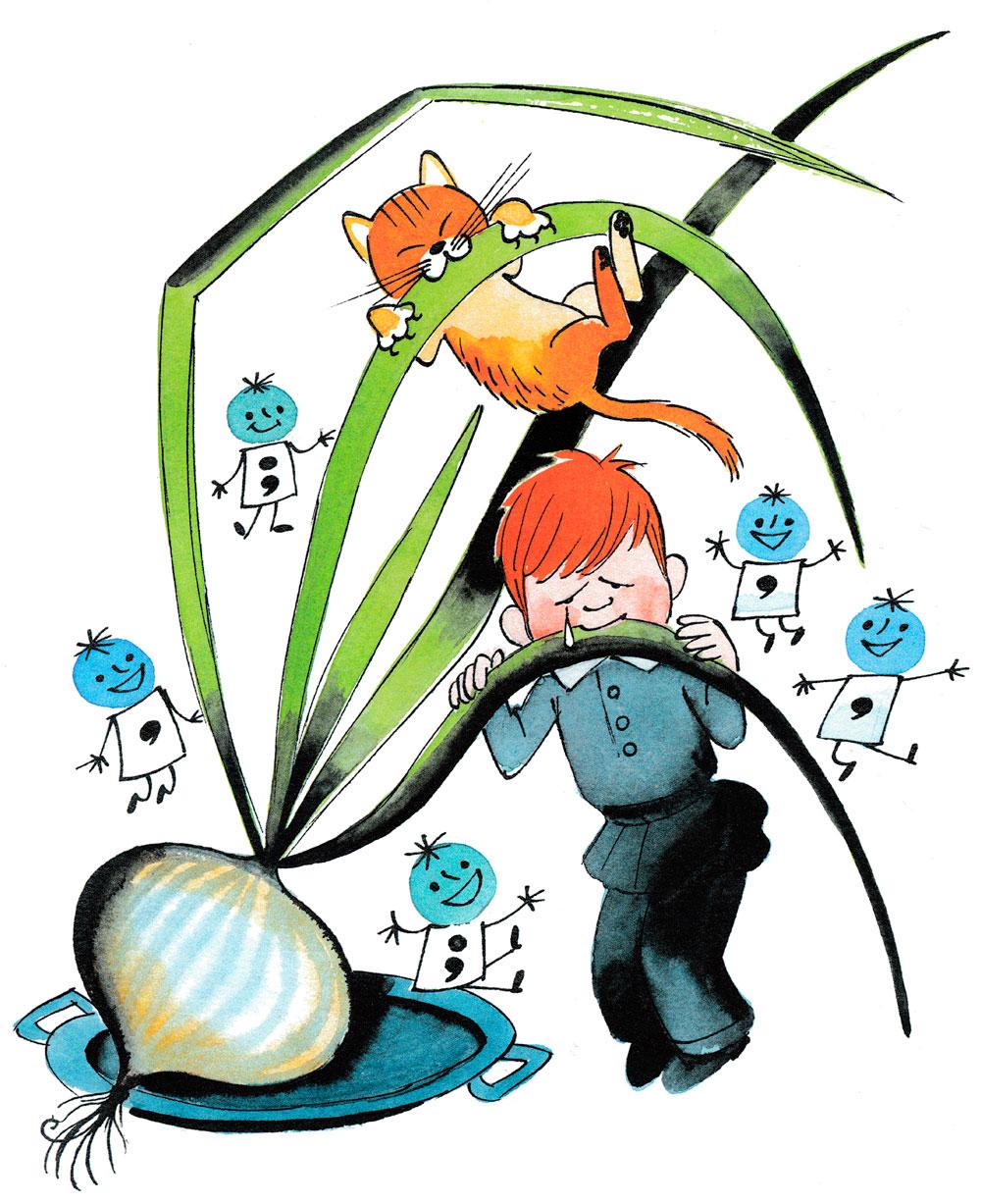 Мальчик ест лук