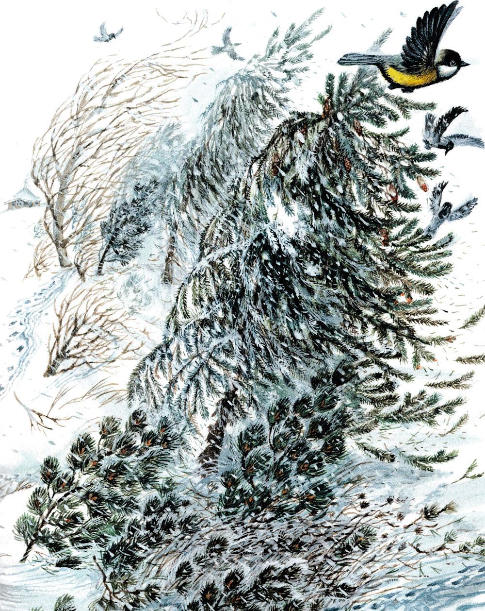 Синичка летит над деревьями