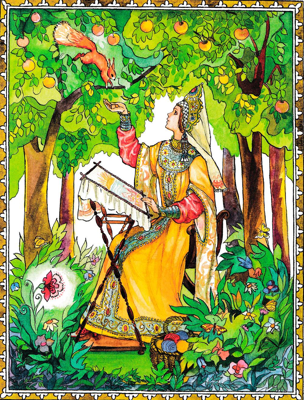 Девушка в саду занимается рукодельем