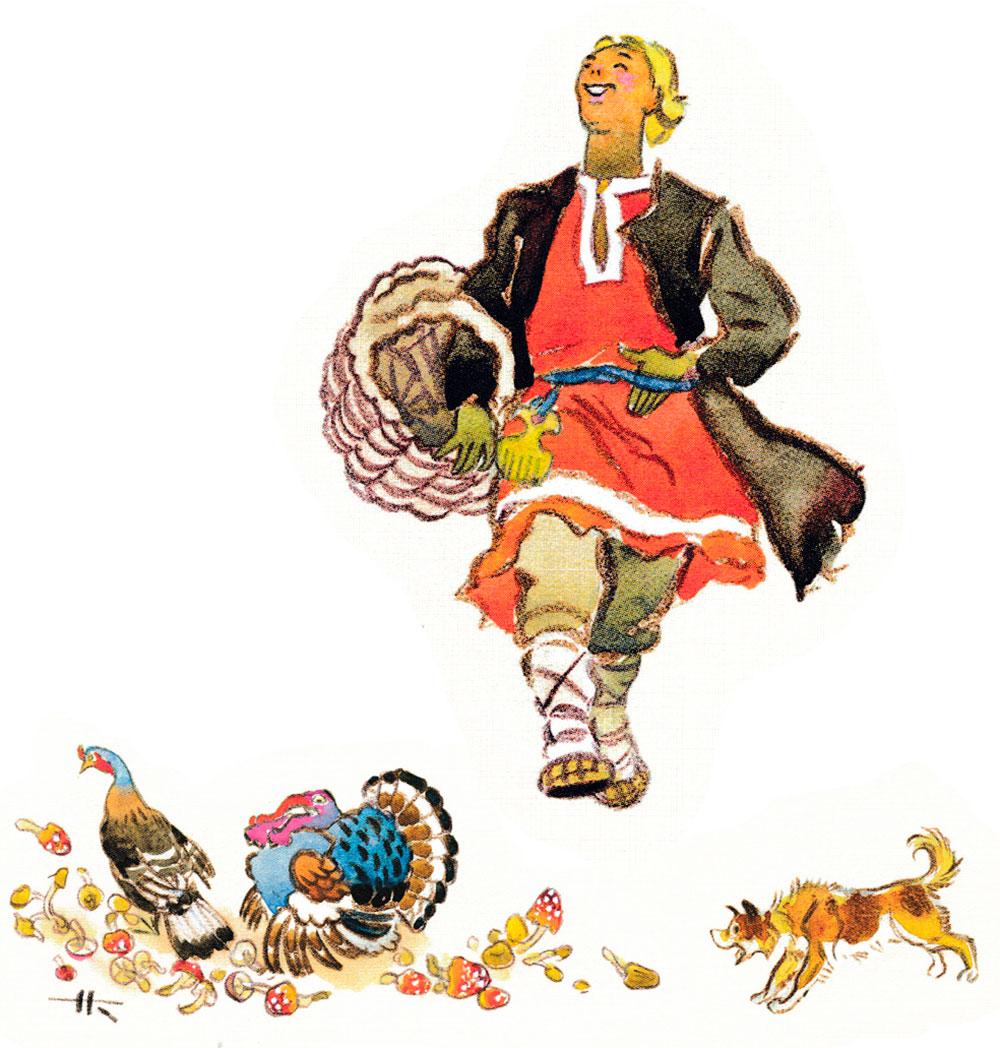 Иванушка идет с лукошком за грибами