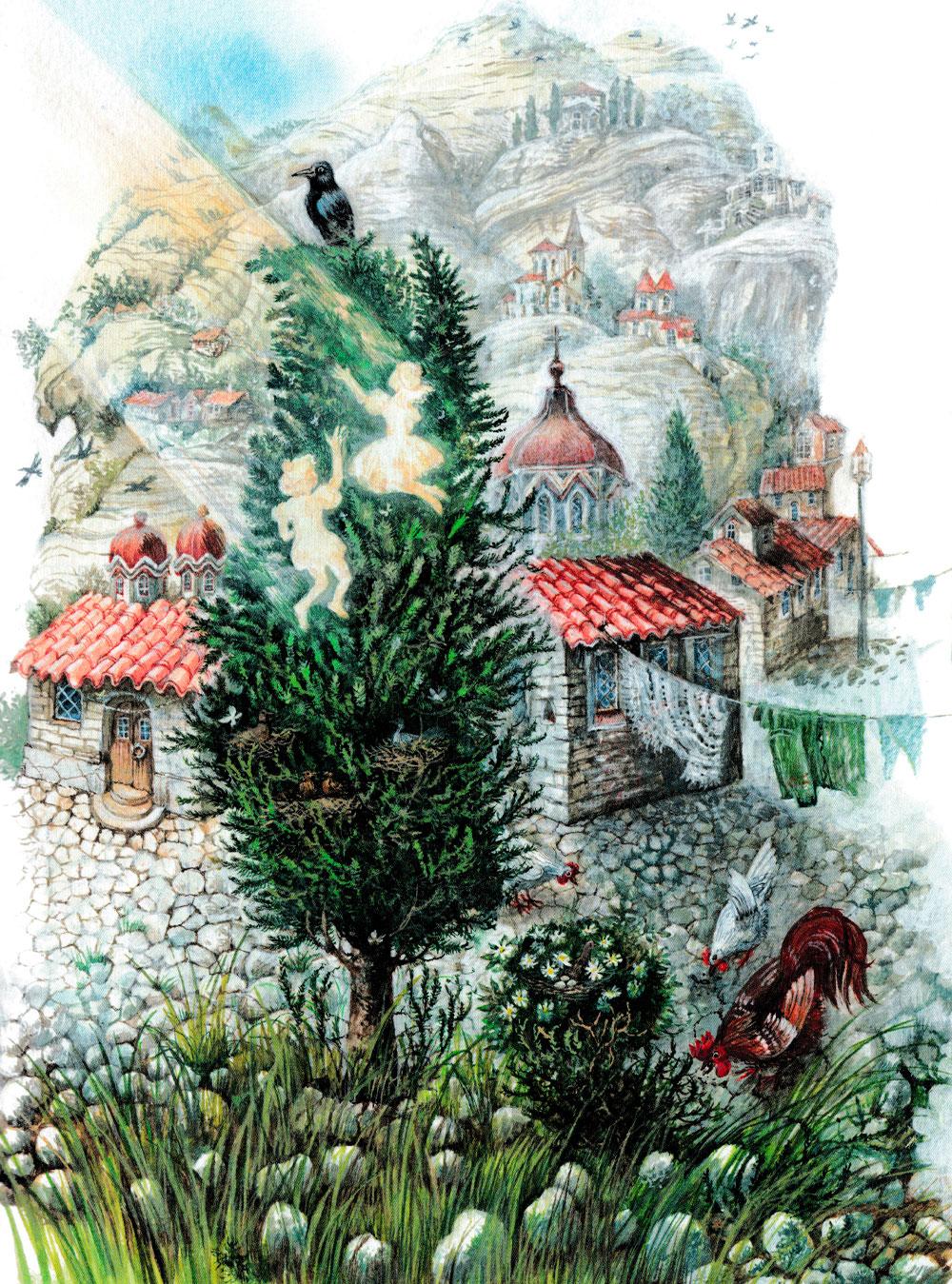 Грач сидит на кипарисе