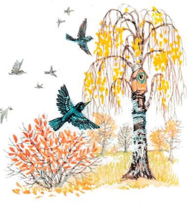 Скворец у березы