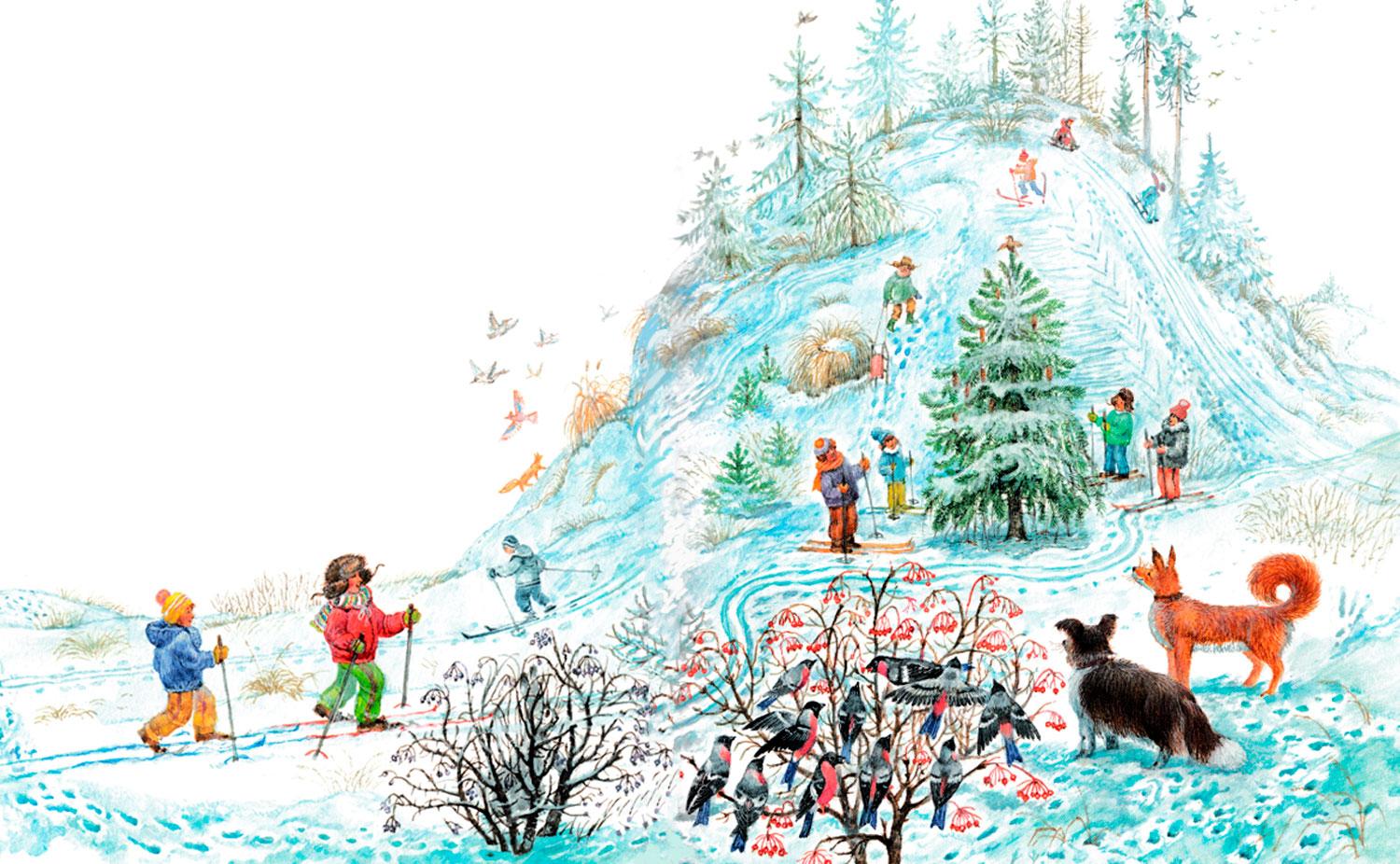 Дети на лыжах в лесу