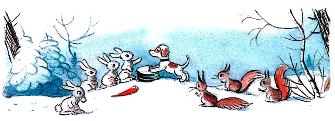 Пес, зайцы и белки на опушке