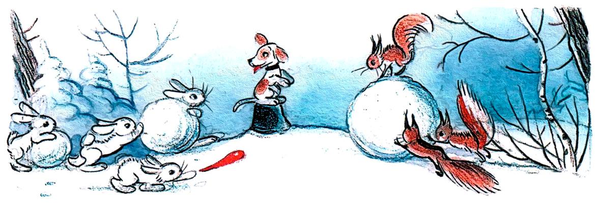 Зайцы и белки лепят Снеговика