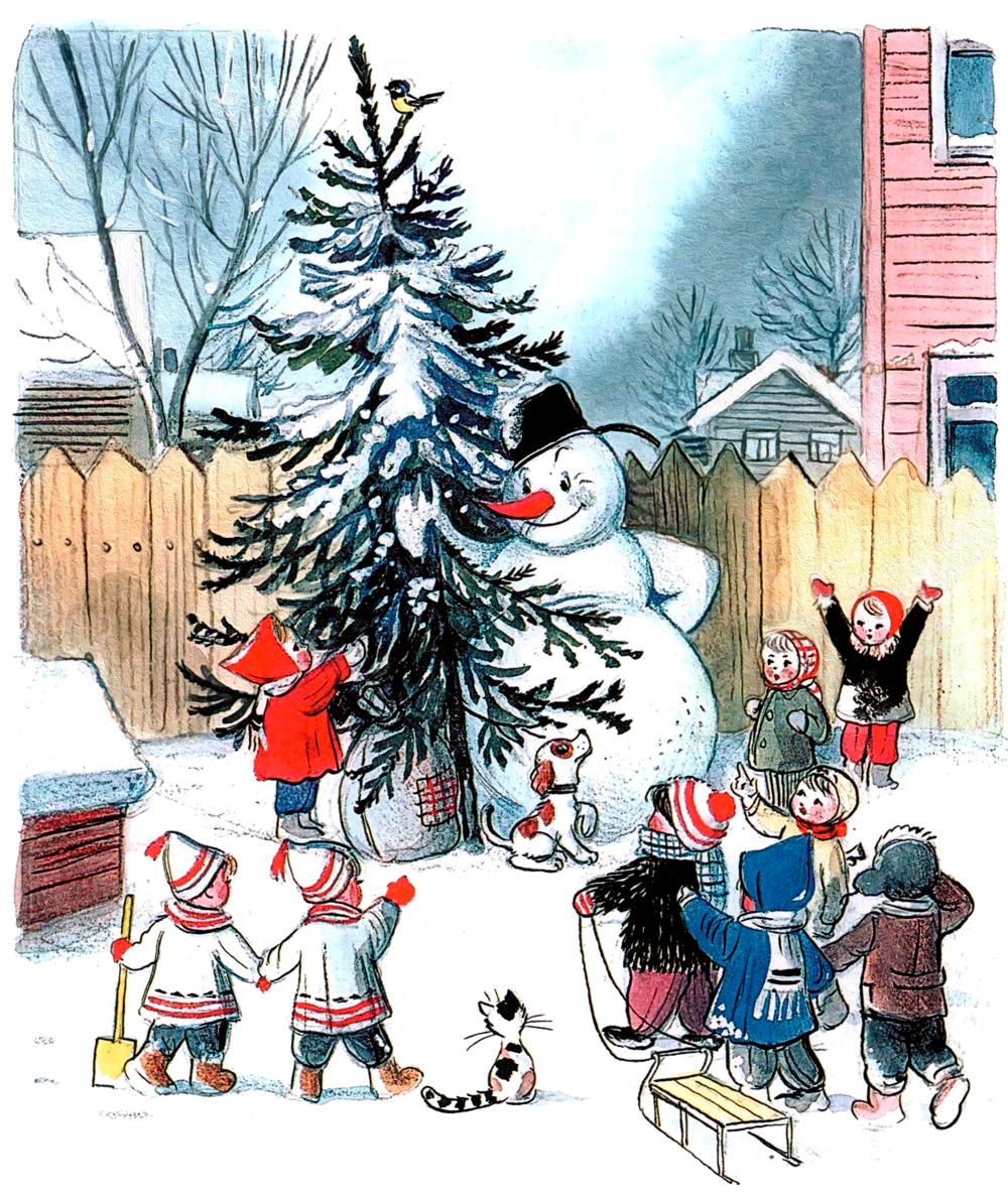 Снеговик с красивой ёлкой