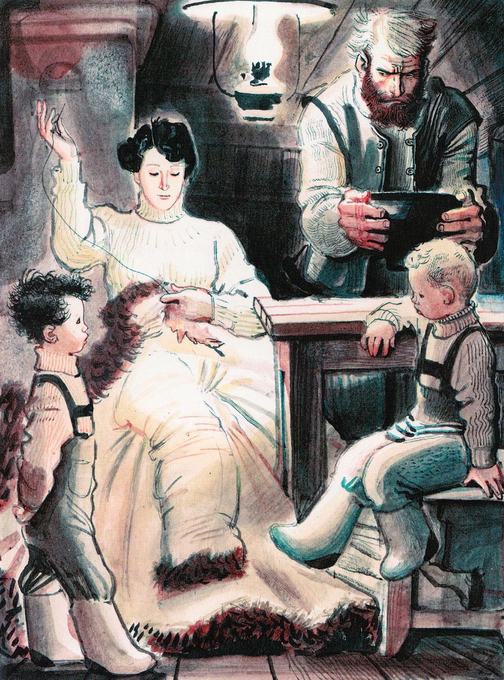 Мама штопает тулуп сторожа